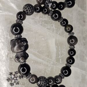 NEW HELLO KITTY Black SILVWR AHEEN OBSIDIAN Beaded Bracelet with Snowflake Charm